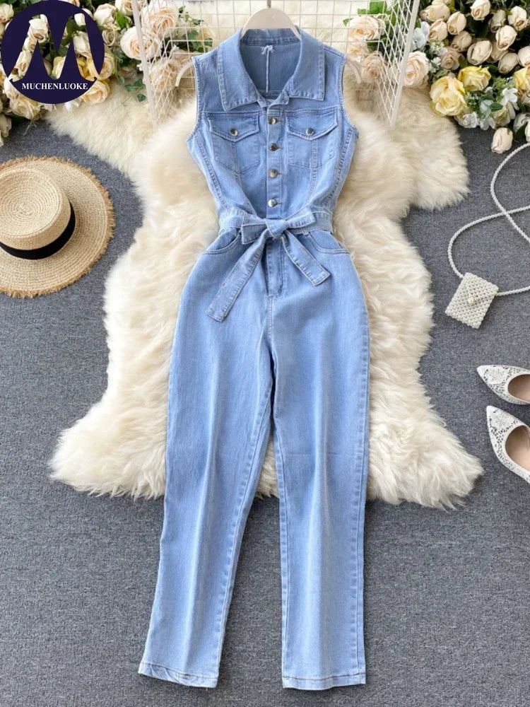 Stylish Slim Fit Sleeveless Denim Jumpsuit for Women with Single Row Buckle and Retro Lace-Up Detail, perfect for summer.