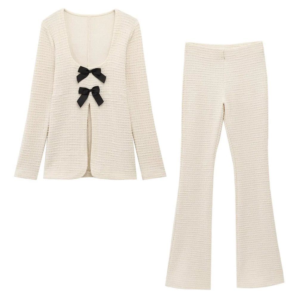 Women's Casual Chic Bow Top and Flared Pants Suit Set for Spring and Summer, perfect for stylish outings and warm weather.