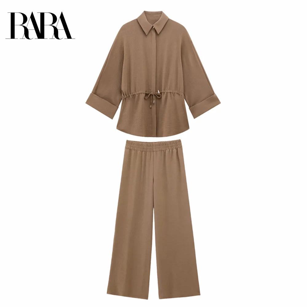 Women's Collared Roll-Up Sleeve Shirt with Drawstring Waist and Matching Elastic Waist Wide-Leg Pants Set