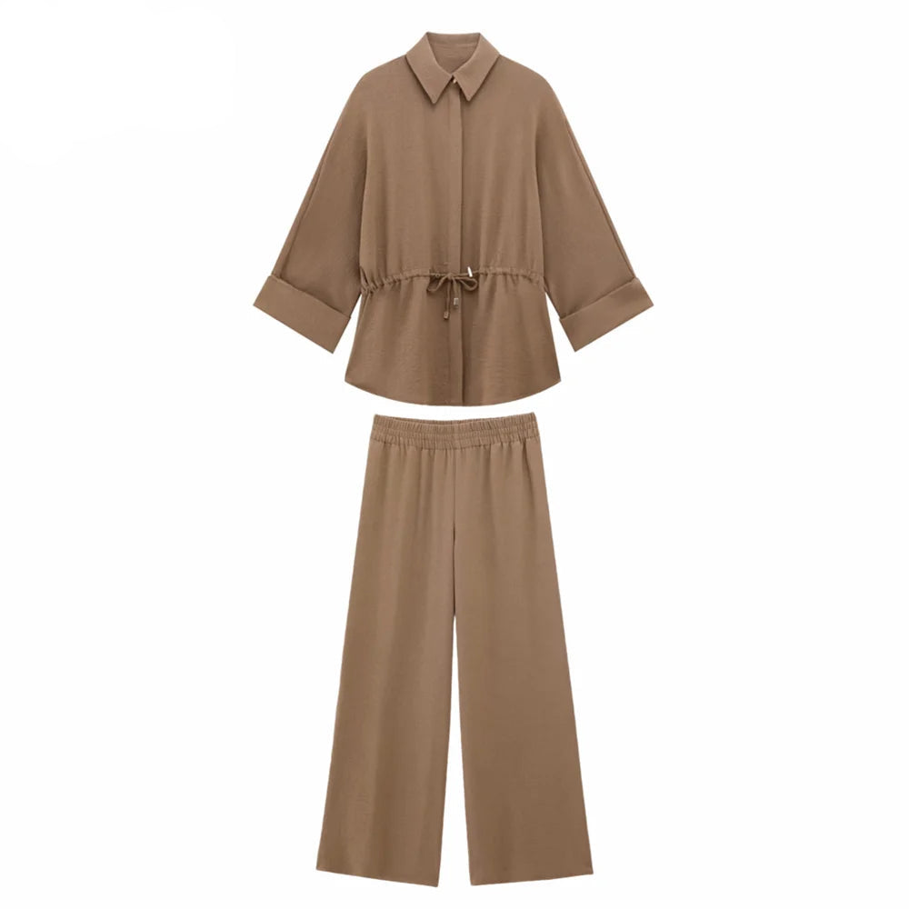 Stylish Women's Collared Roll-Up Sleeve Shirt and Drawstring Waist Wide Leg Pants Set, perfect for modern fashion lovers.