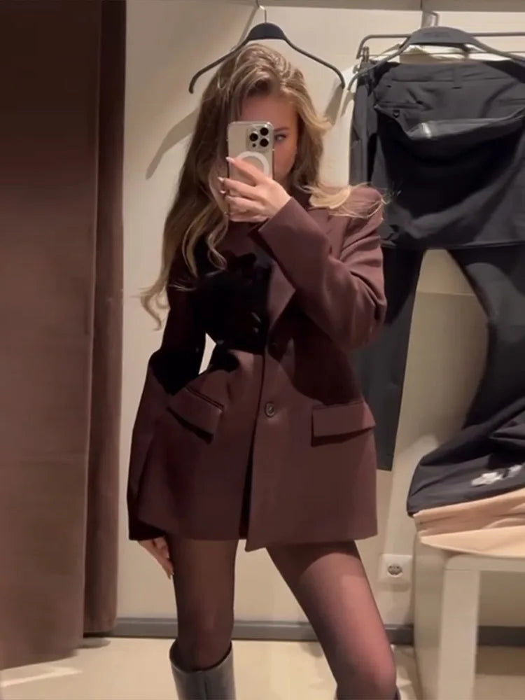 Elegant Women Blazer and Mini Skirt Set with Shoulder Pads Cinched Waist Suit Jacket and A-line Skirt Two-Piece Office Outfit