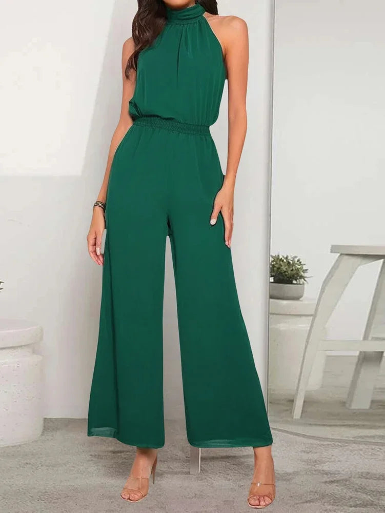 Stylish Women's Casual Solid Color Sleeveless Wide-Leg Chiffon Jumpsuit with Hanging Neck, perfect for summer outings.