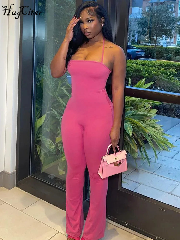 Hugcitar's sleeveless halter backless bodycon jumpsuit with flare pants is perfect for women’s streetwear and festivals.