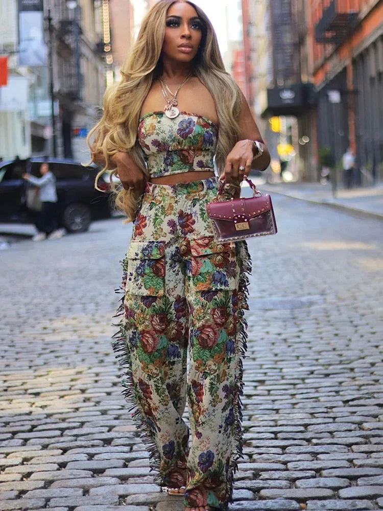 Floral Print Two Piece Set for Women Strapless Crop Top and Side Tassel Wide Leg Pants Birthday Party Outfit