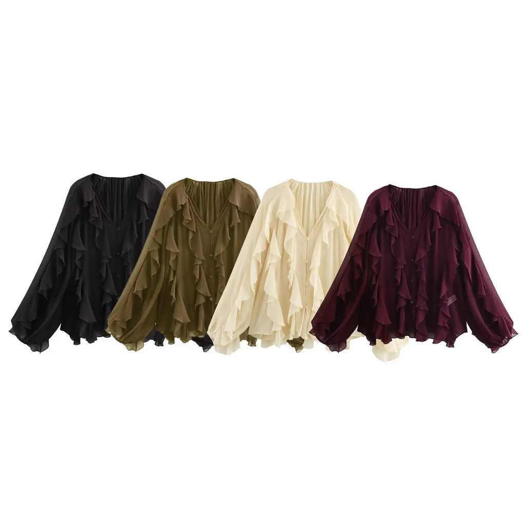 Shop the Sexy Translucent Ruffle Blouse for Women V Neck Single Breasted Tiered Casual Beach Shirt in stylish colors.