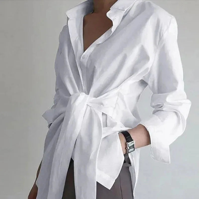 Stylish Ruched Long Sleeve Blouse for Women, Lace-Up Casual Loose Fit Shirt with Turn-Down Collar, perfect for any occasion.