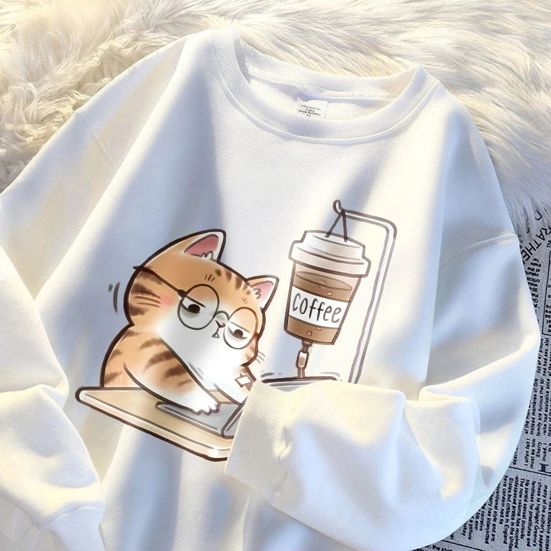 Cat Coffee Hoodie Harajuku Fleece for Women and Men