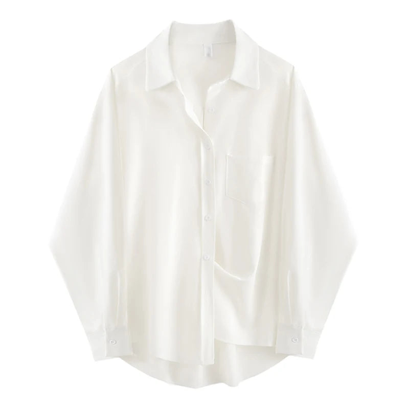 Oversized Long Sleeve White Shirt Women Minimalist Button Up Blouse Turn-Down Collar Casual Cardigan Top for effortless style.