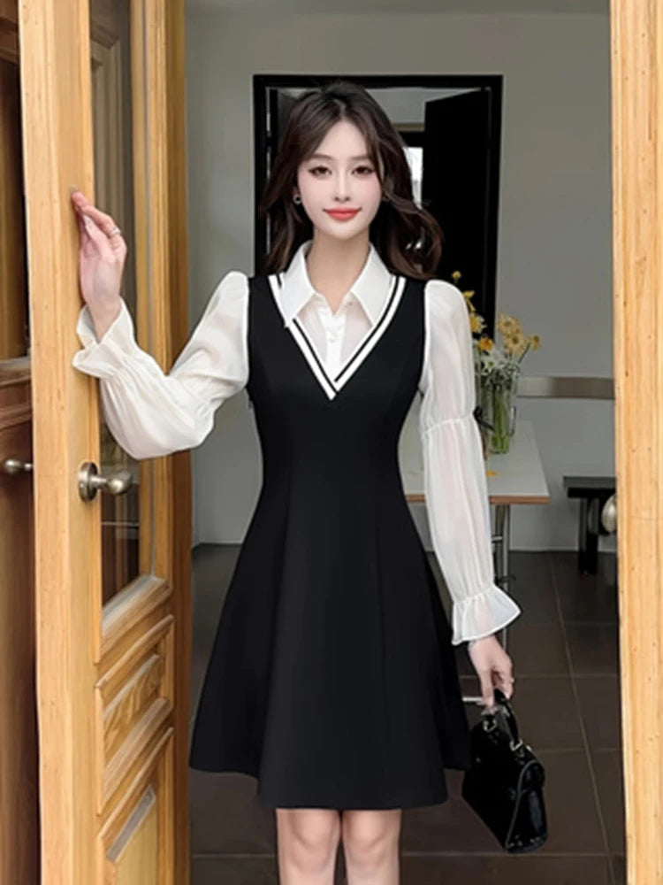 Colorblock Dress With Button Front 2 In 1 Long Sleeve