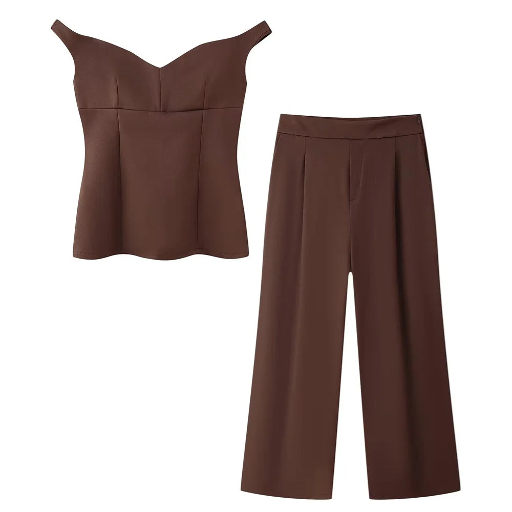 Stylish Women's V-Neck Off Shoulder Top and Pants Set Casual Slimming Two-Piece Outfit for Spring and Summer by UNIZERA.