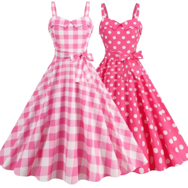 Pink Plaid Suspender Dress High Waisted Party Gown Chic