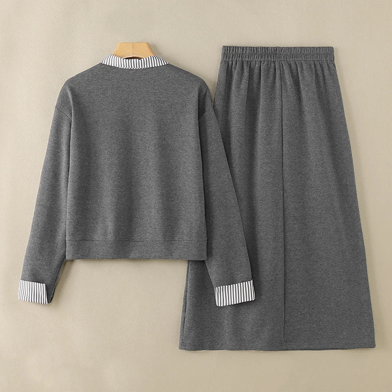 Casual Striped Midi Skirt And Sweatshirt Set For Women