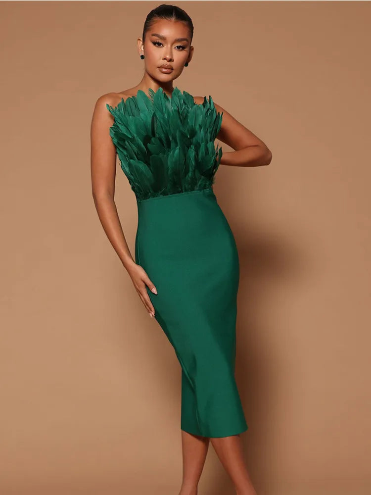 Backless Feather Bodycon Dress Strapless Evening Party Wear