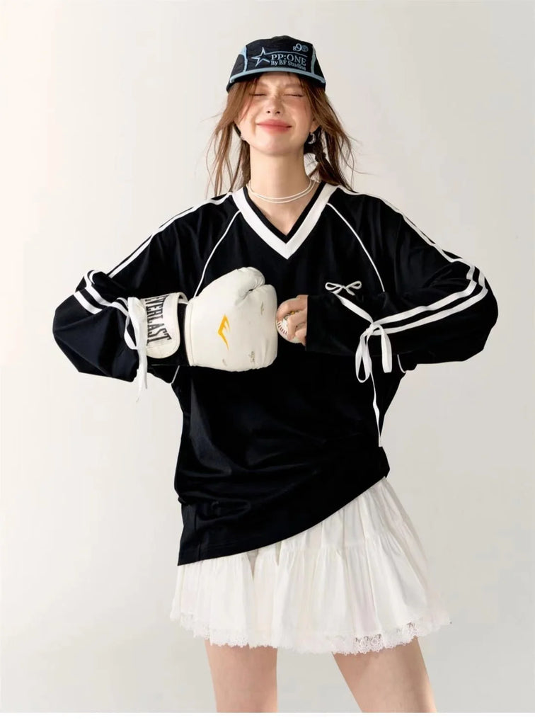 Womens Stripe Print V Neck Hoodie Warm Long Sleeve