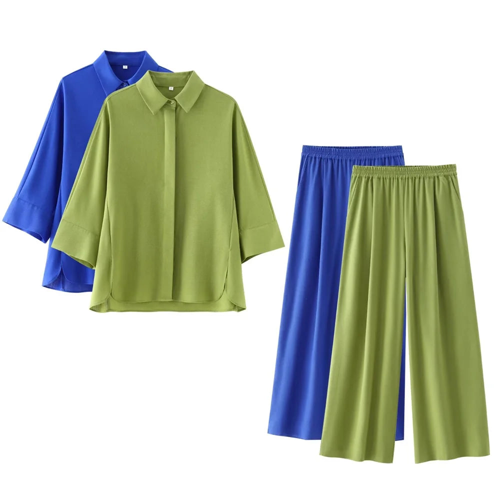 Women's Linen Blend Shirt And Wide Leg Pants Set, Loose Fit Summer Two Piece Outfit