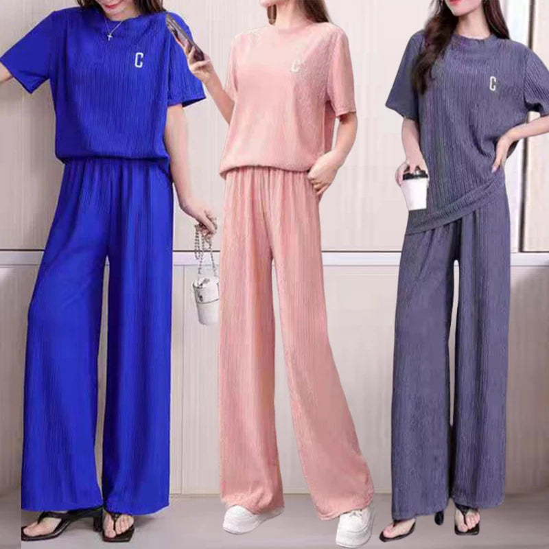 Stylish Wrinkle Embroidery Short Sleeve Top and Wide Leg Long Pants Set for Women Casual Loungewear and Home Wear.