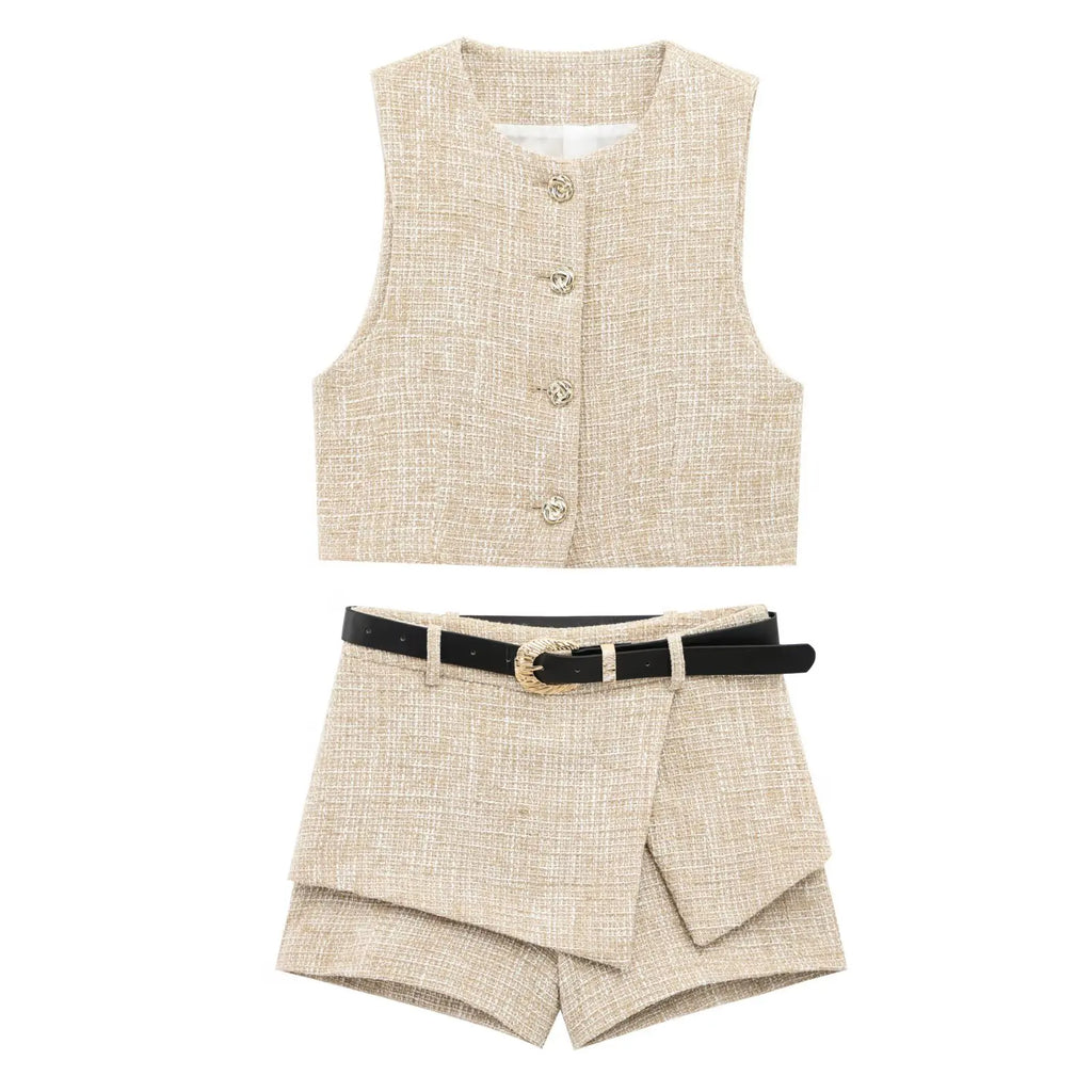 Textured Sleeveless Vest Two Piece Set With Belt And Shorts Casual Chic Suit