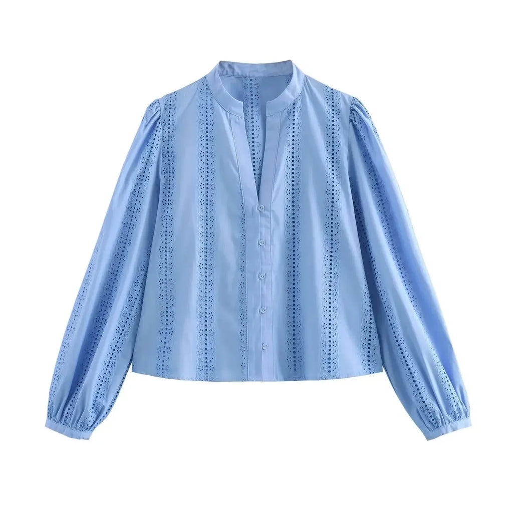 Loose Lace-Up White Shirt for Women Elegant Hollow Out Embroidered Puff Sleeve Cropped Top by TRAFSHE, stylish and chic.