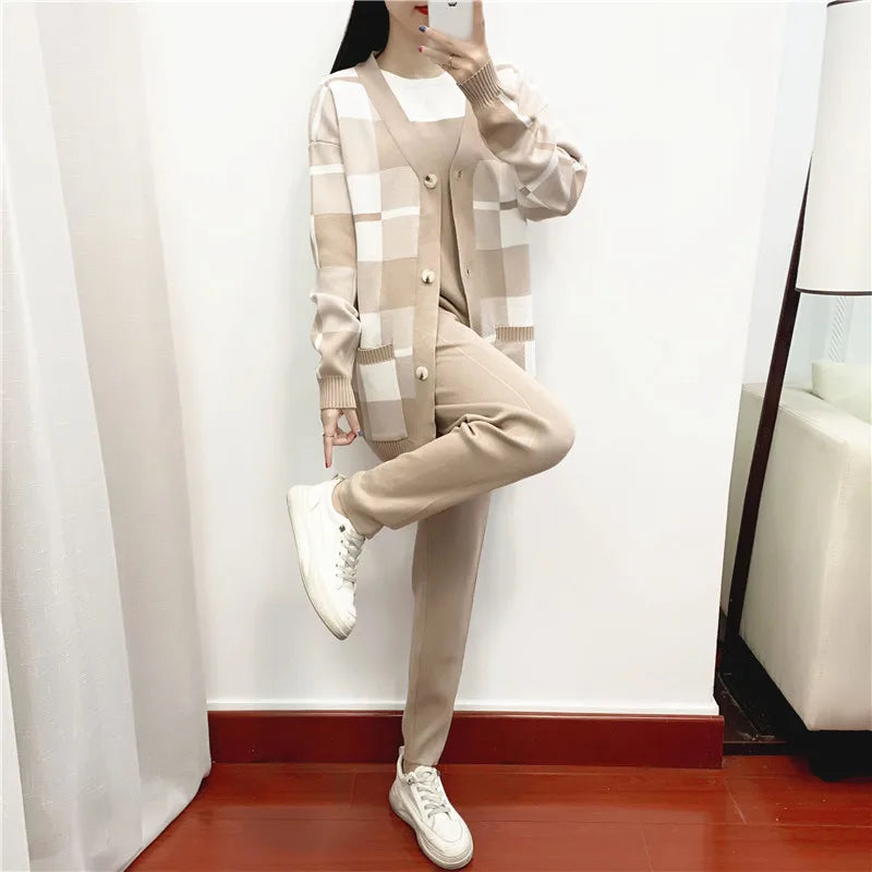 Autumn Winter Women’s Plaid Knit Cardigan Tracksuit Set with Short Sleeve Top and Solid Harem Pants 3 Piece Cozy Sweater Coat Ensemble