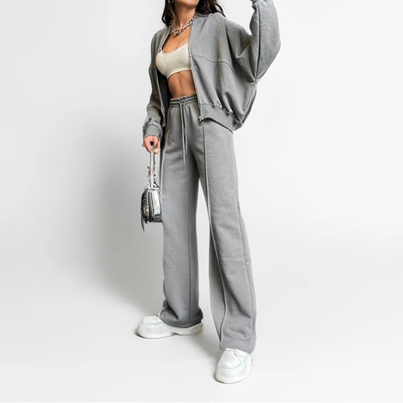 Women’s Fleece-Lined Hoodie Coat and High Waist Casual Pants Set, perfect for stylish outdoor winter comfort.