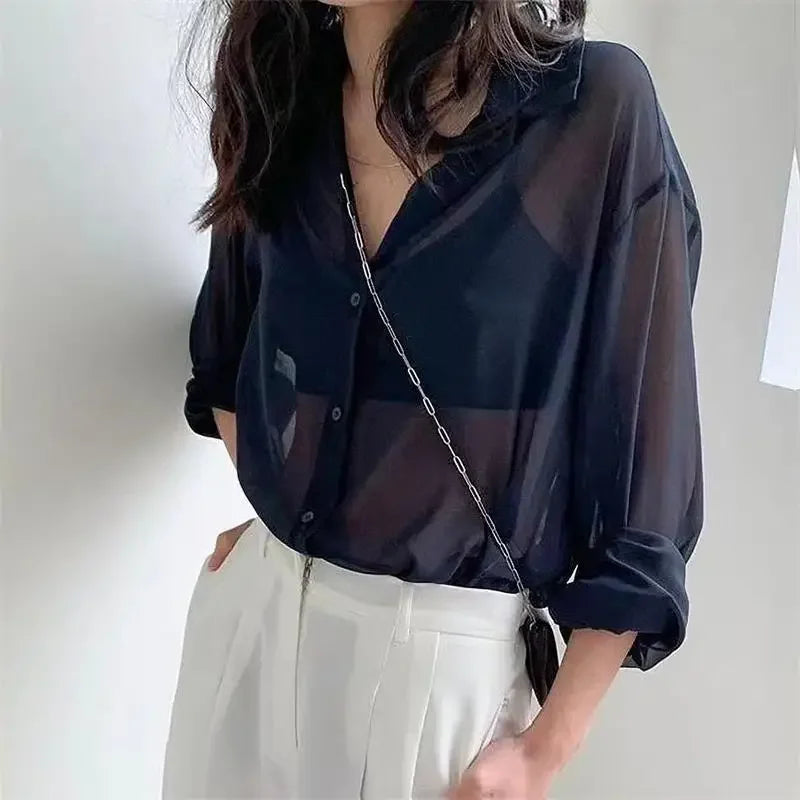 Stylish Women’s Long Sleeve Chiffon Blouse Lightweight Sun-Proof Casual Top, perfect for summer wardrobe essentials.