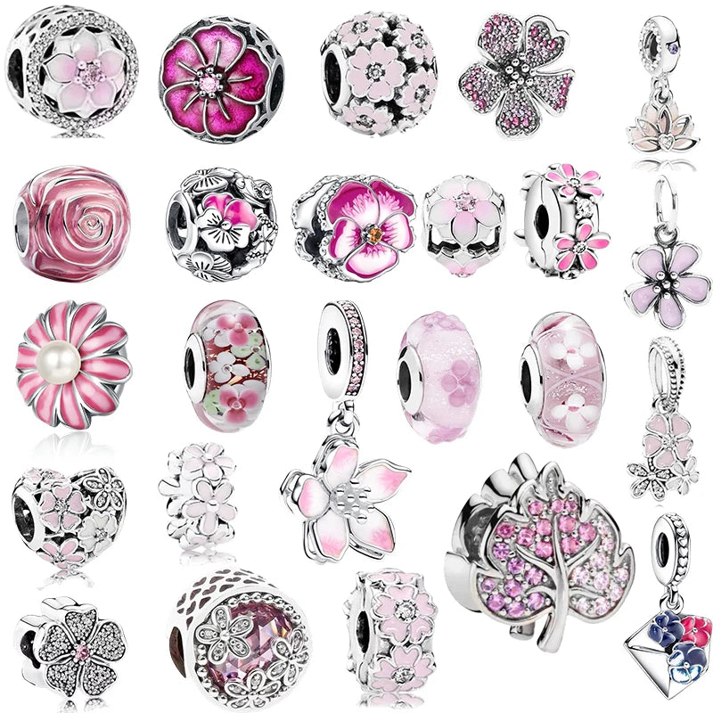 Sparkling Pink Cherry Blossom Daisy Charm Beads for 925 Silver Bracelet DIY Women's Jewelry Gifts, perfect for unique designs.