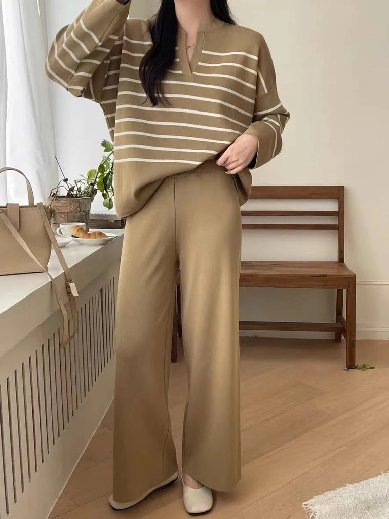 Women’s Casual Stripe Knit Sweater Set with Long Sleeve Pullover and Wide Leg Pants Elegant Winter Outfit in warm tones.