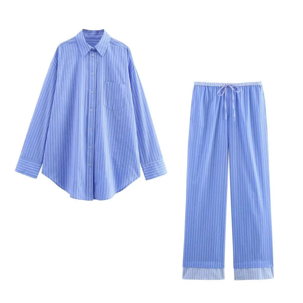 Women Satin Striped Shirt and Trousers Set with Loose Lapel Blouse and Elastic Waist Pants for Summer Chic Style.