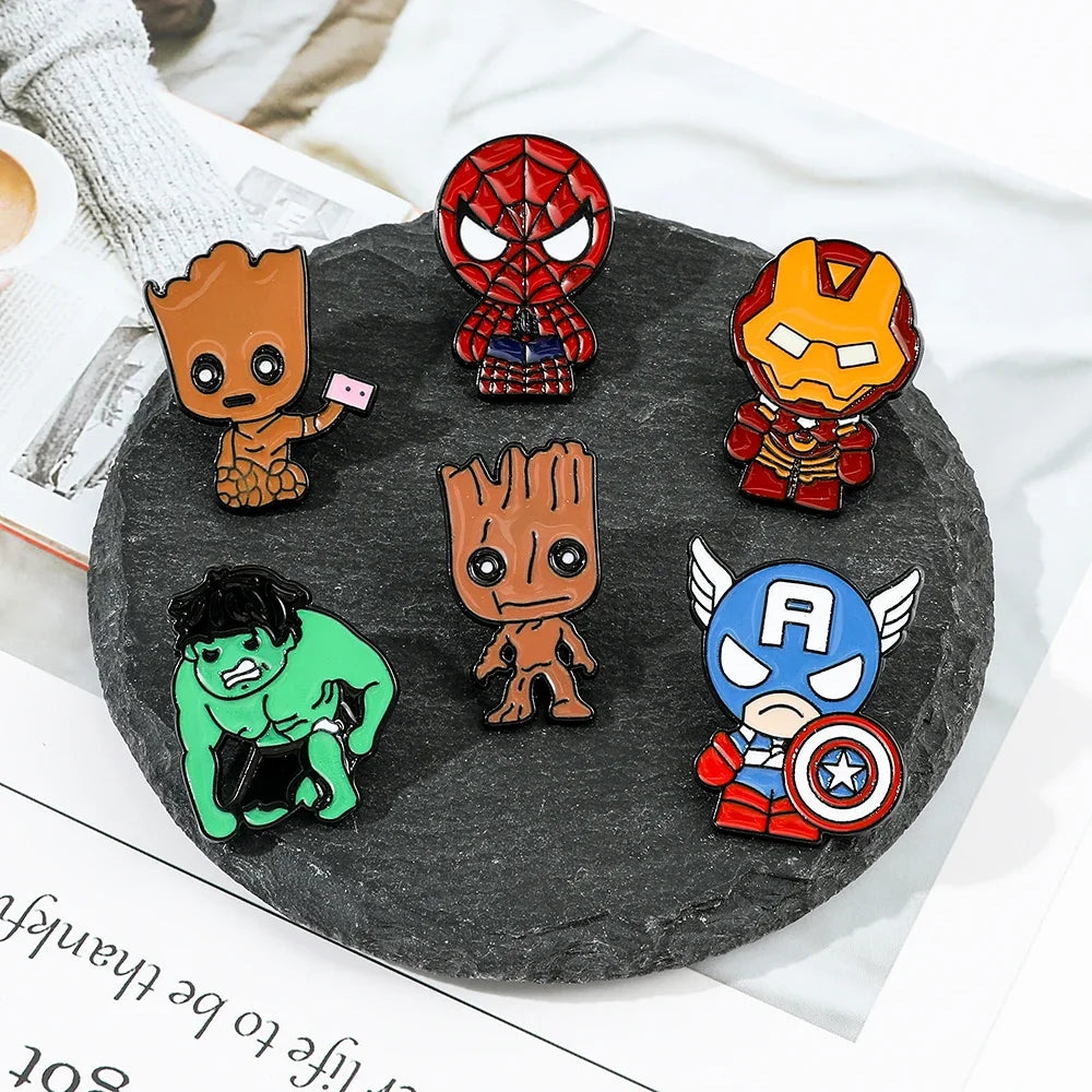 Unique 6 Pcs Creative Spider Man and Hulk Enamel Pins Set for bags and clothing jewelry, adding fun to your style.