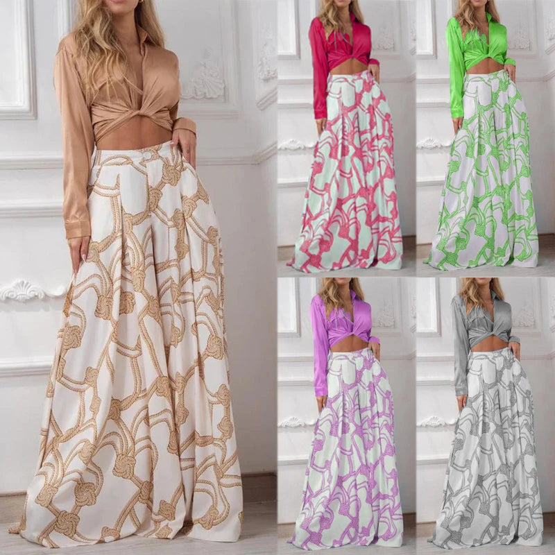 Printed Casual Women Two Piece Suit Set With Lapel Lace Up Shirt And High Waist Wide Leg Pants