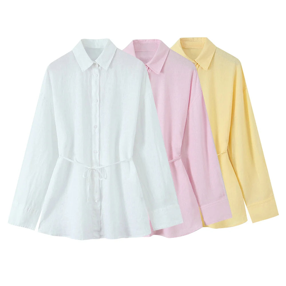 Loose Fitting Women’s Shirt with Lapel and Buckle Solid Color Design, perfect for casual spring and summer chic by UNIZERA.
