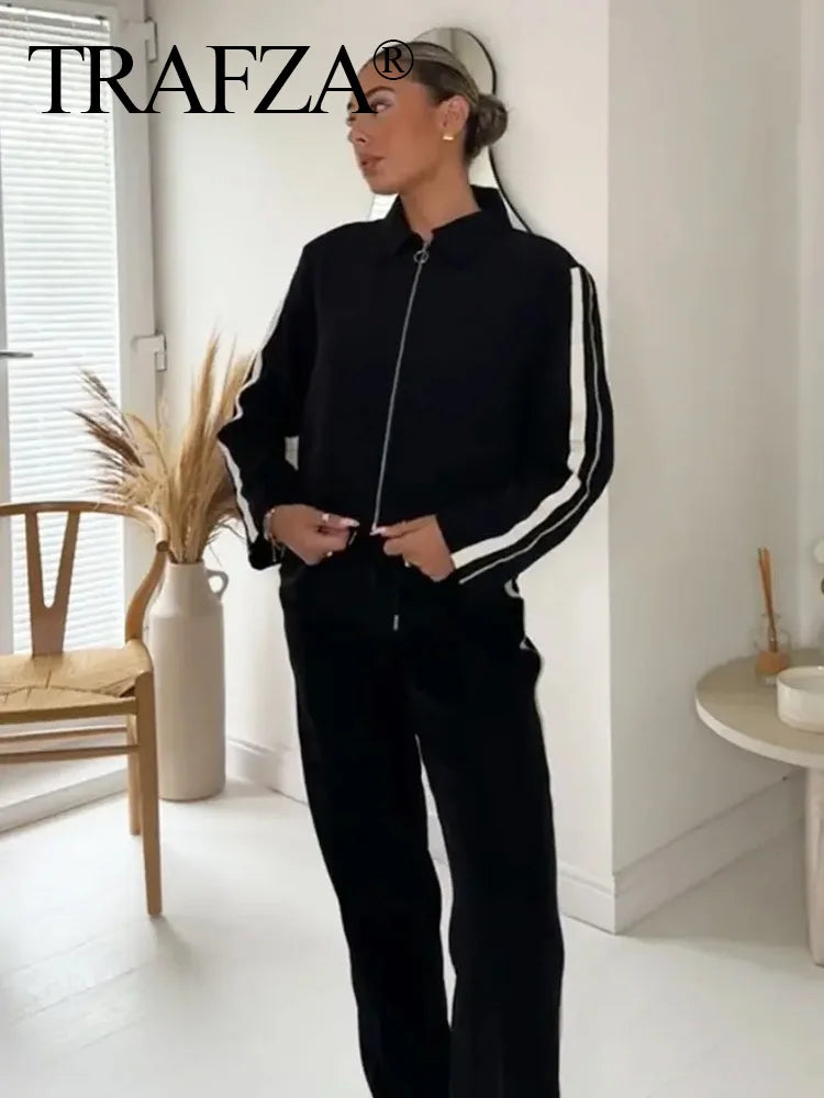 Stylish Women’s Striped Sports Suit with Long Sleeve Zip Lapel Coat and High Waist Wide Leg Pants Two-Piece Set by TRAFZA.