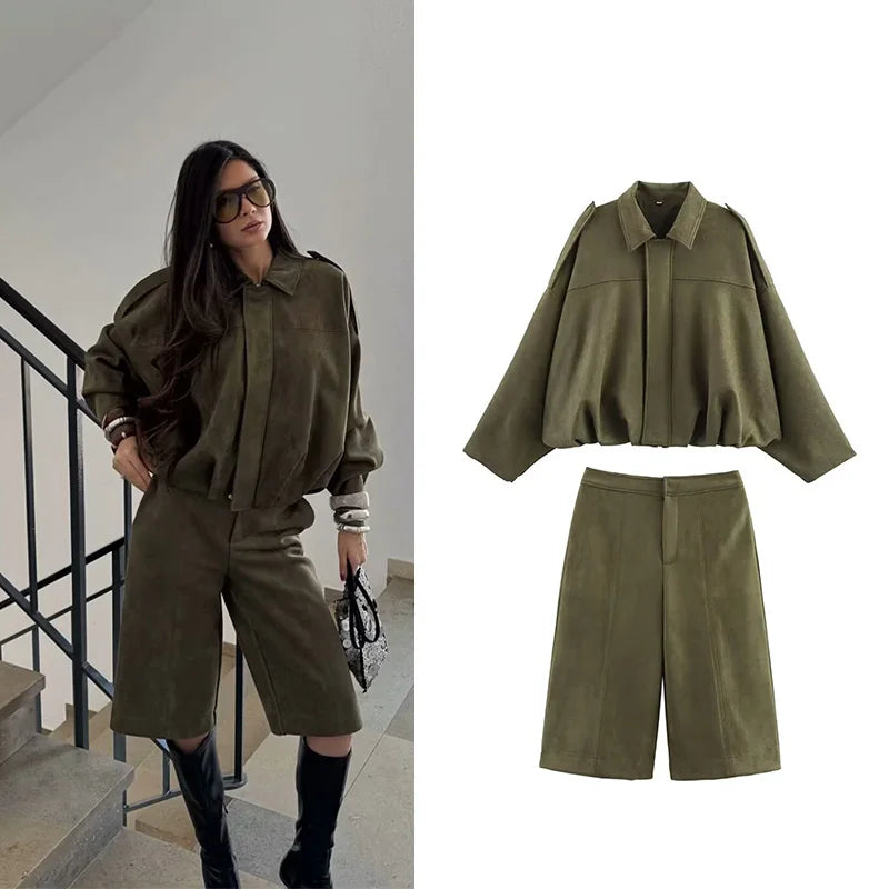 Stylish High Waist Two Piece Shorts Set for Women features a casual bomber jacket and suede shorts, perfect for spring.