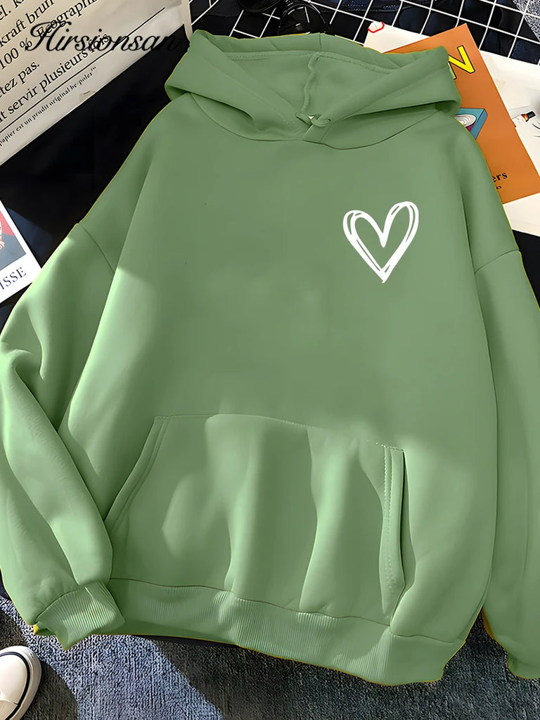 Heart Print Women Sweatshirt Fleece Hoodie Warm Casual