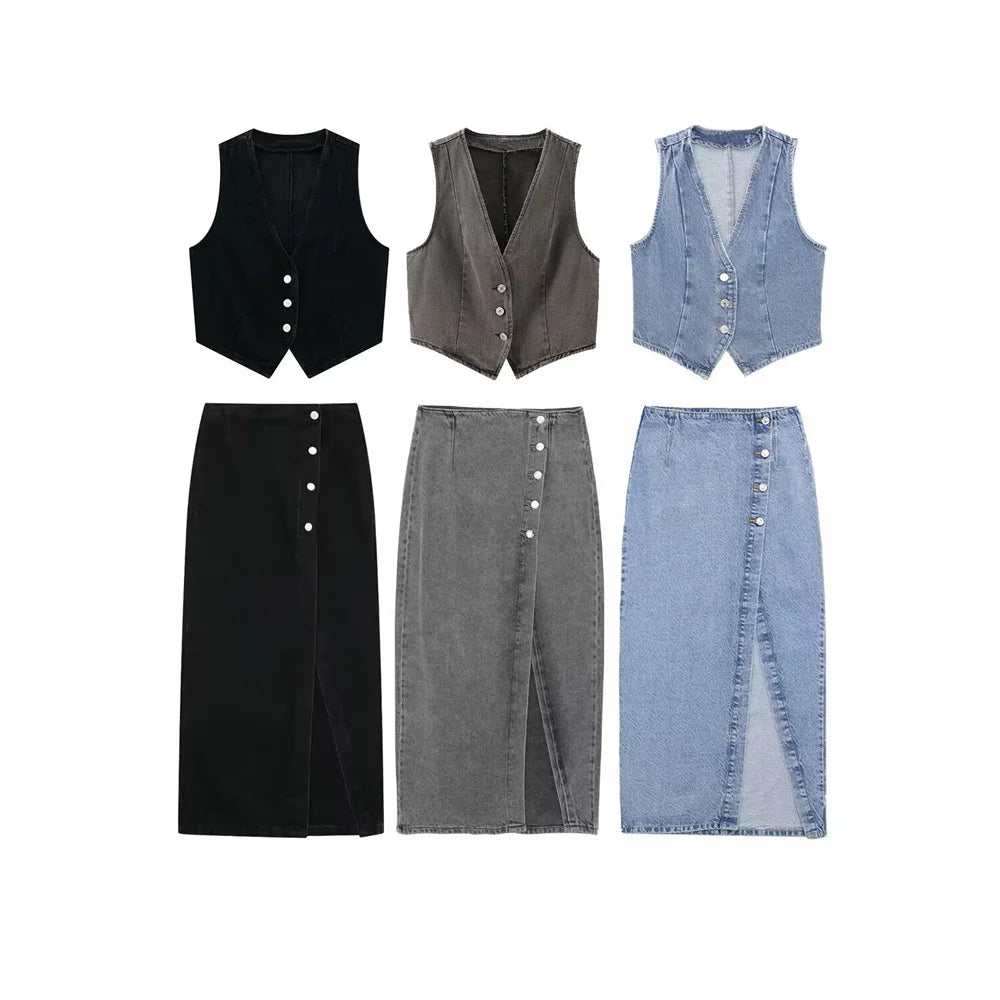 Women’s Chic Short Denim Tank Top and Double Breasted Midi Denim Skirt Set Slimming Casual Fashion Ensemble