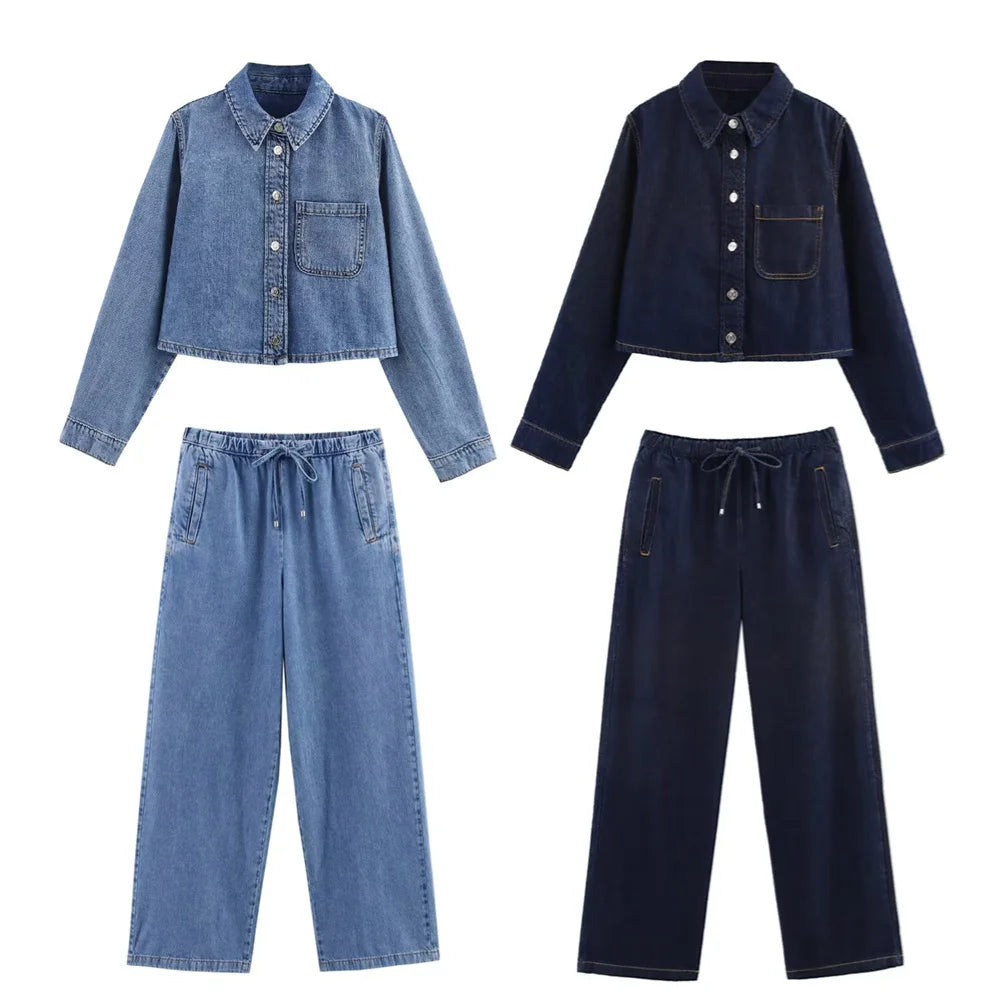 Denim Two Piece Set For Women Long Sleeve Shirt And Pants Casual
