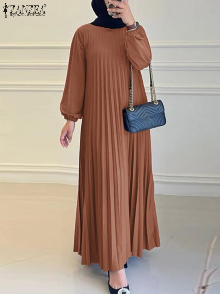 Pleated Abaya Dress for Women Muslim Long Sleeve Modest Fashion