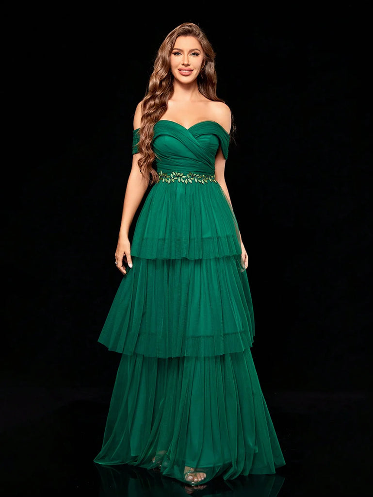 Line Collar Embroidered Long Gauze Evening Gown for Party