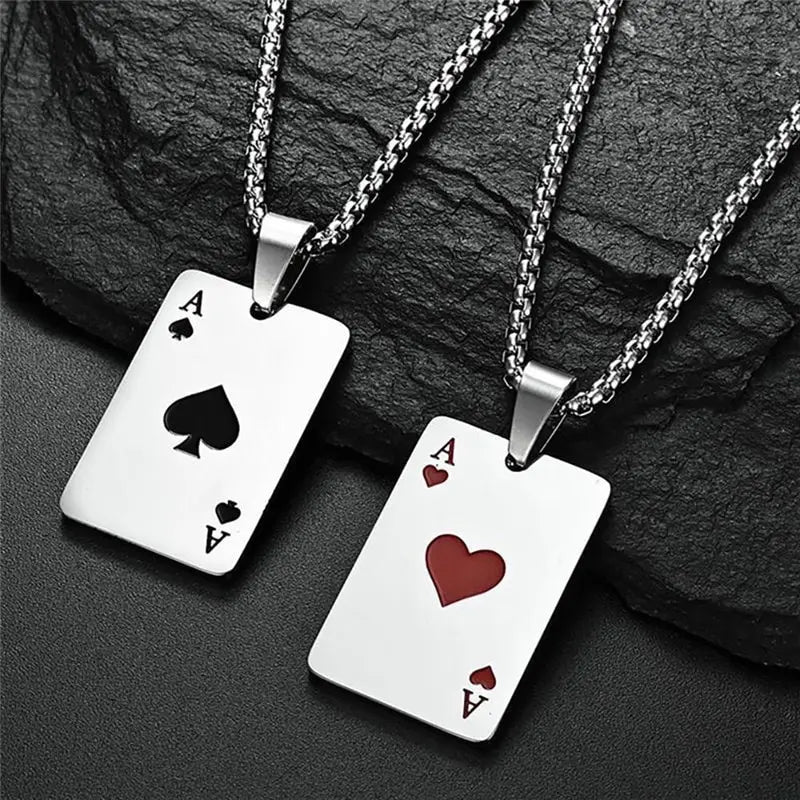 Stylish 2 Piece Set Stainless Steel Poker Card Ace of Spades Necklace Unisex Pendant Chain Playing Cards Jewelry.