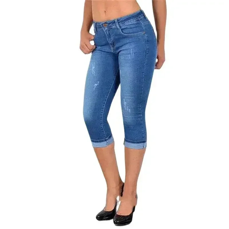 Women Slim Pencil Jeans Distressed Scratches Casual Denim