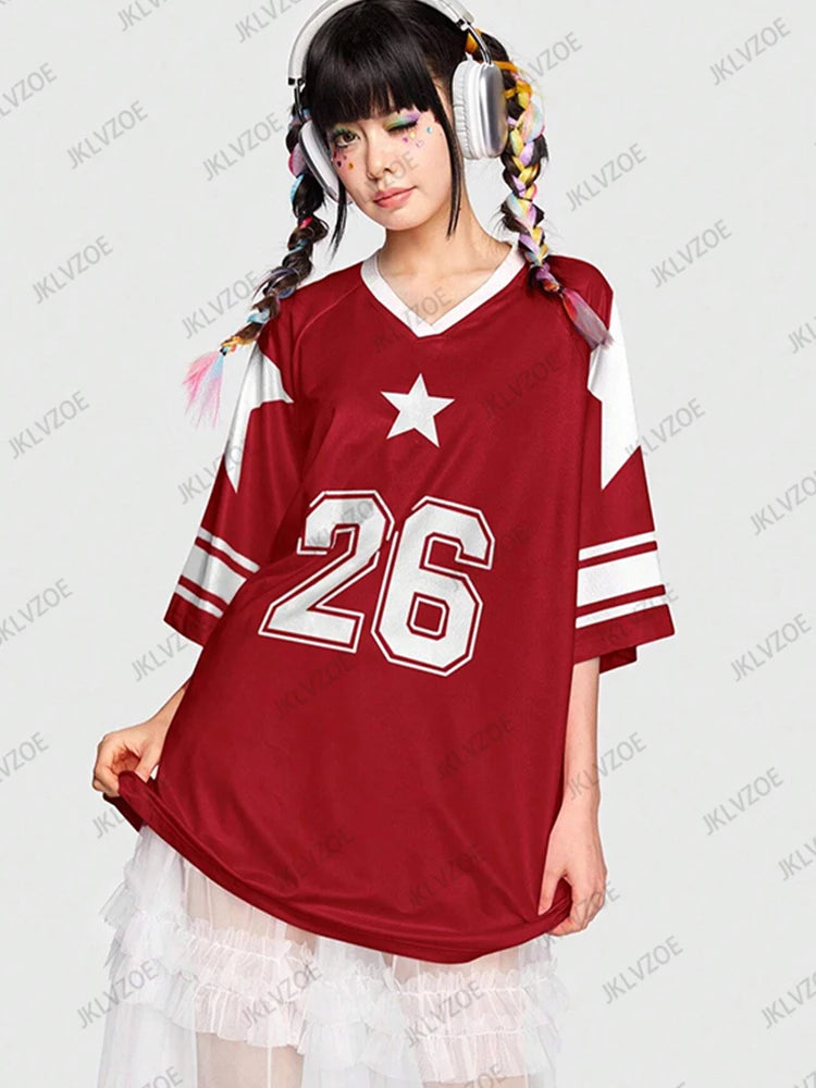 Oversized V-Neck T-Shirt For Women Casual Red Patchwork Short Sleeve Football Jersey Y2K Summer Tops