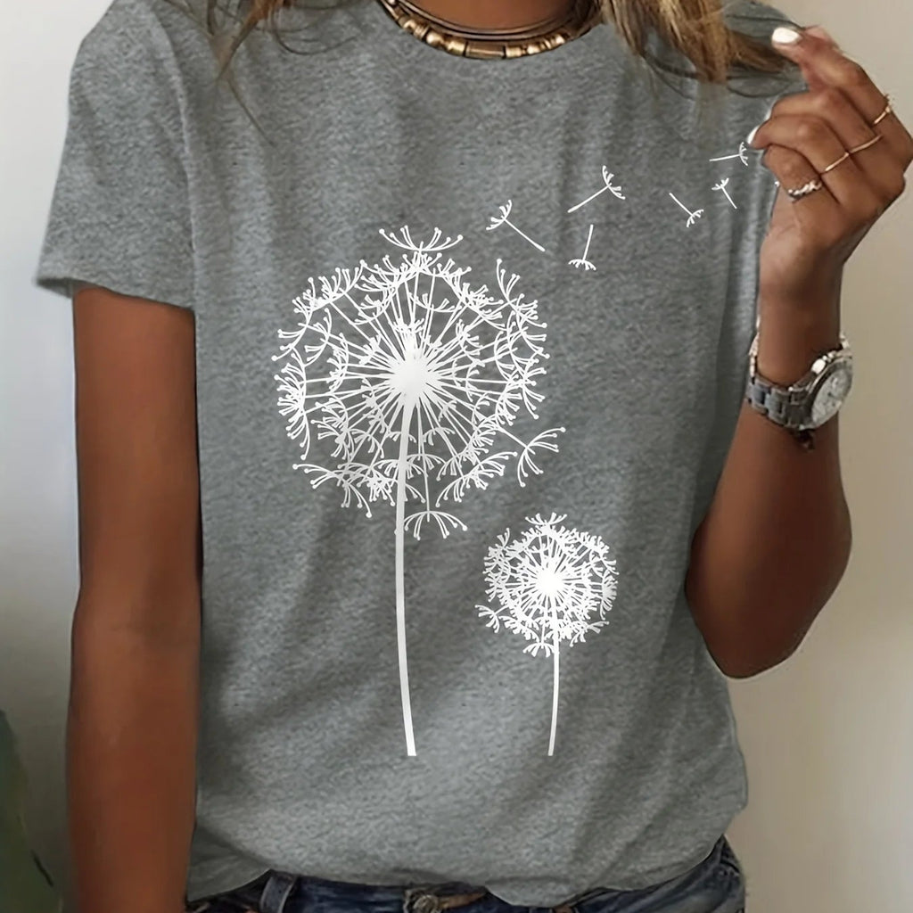Dandelion Print Crew Neck T-Shirt Casual Short Sleeve Top for Spring Summer Women - NIICY