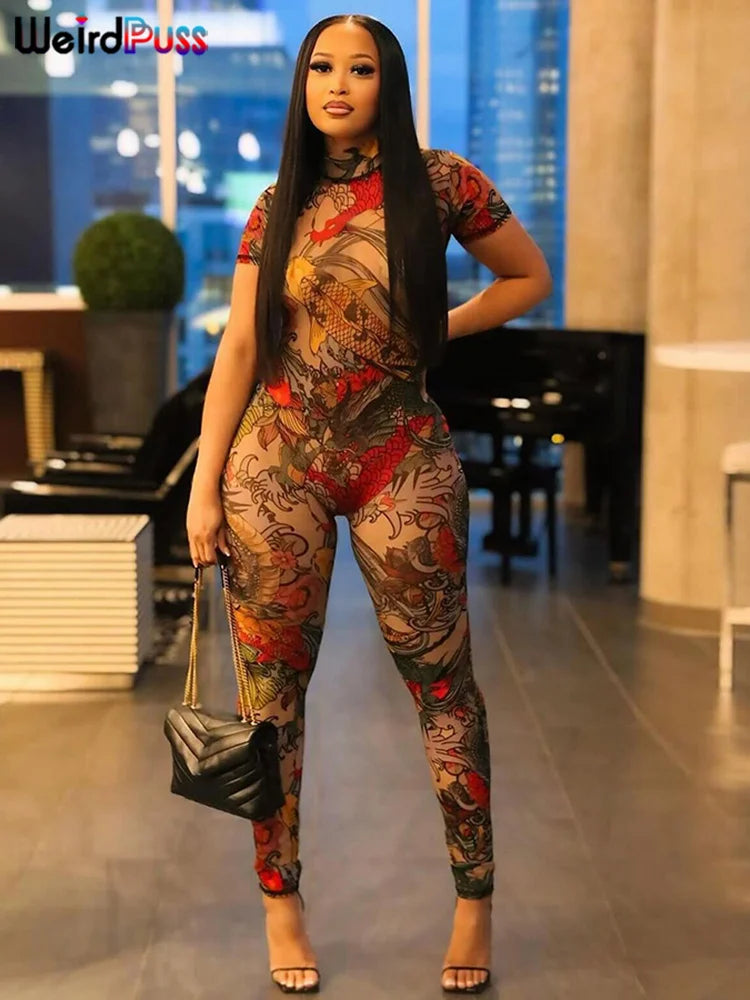 Bold and stylish, the Women’s Backless Dragon Print See-Through Jumpsuit Slim Stretch Short Sleeve Workout Overalls Clubwear by Weird Puss.