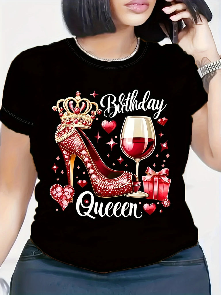 Red Birthday Queen T-Shirt with High Heels and Crown Wine Glass Pattern Casual Short Sleeve Round Neck Design