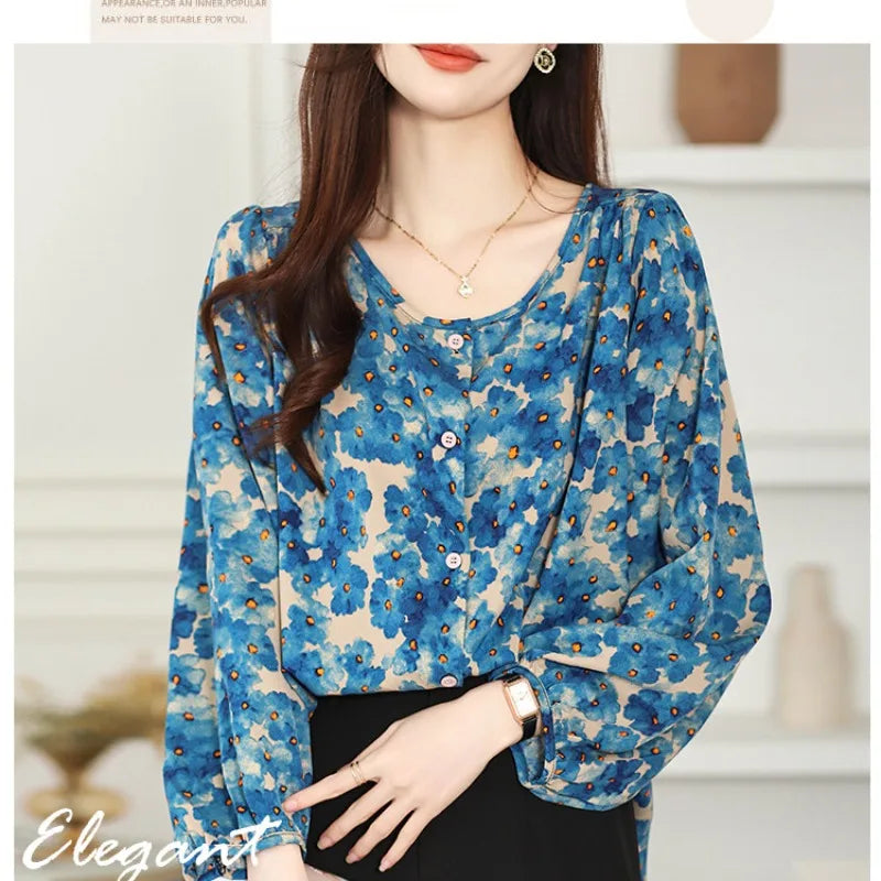 Floral Print Loose Fit Lantern Sleeve Chiffon Blouse Retro Long Sleeve Casual Women’s Shirt Top in vibrant blue floral design.