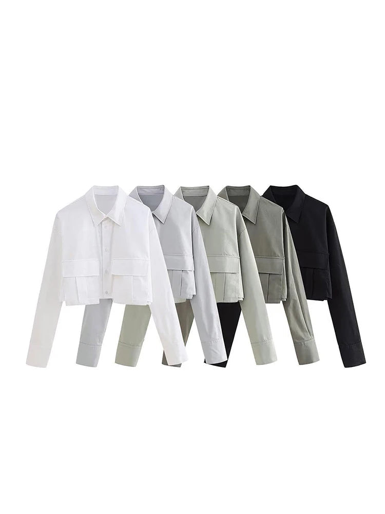 Explore TRAF's Women’s Vintage Lapel Collar Patch Pocket Shirt Long Sleeve Single Breasted Casual Blouse Street Style Top.