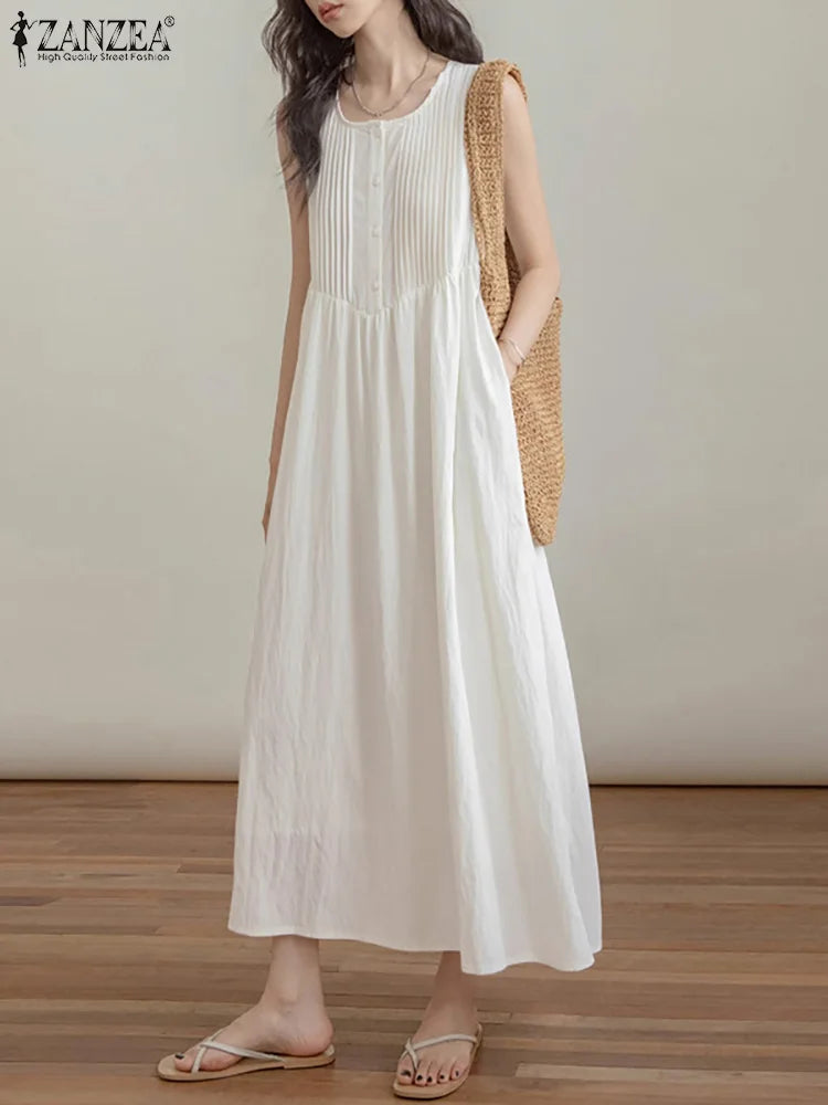 Sleeveless Pleated Sundress For Casual Beach Summer Dress