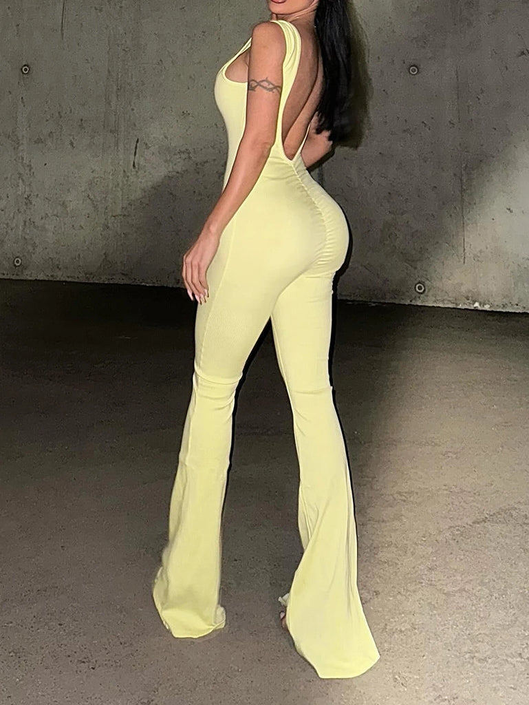 Stylish Women's Slim Fit Solid Color Bell Bottom Suspender Jumpsuit Pants Stretchy Sexy Fit for a chic look.