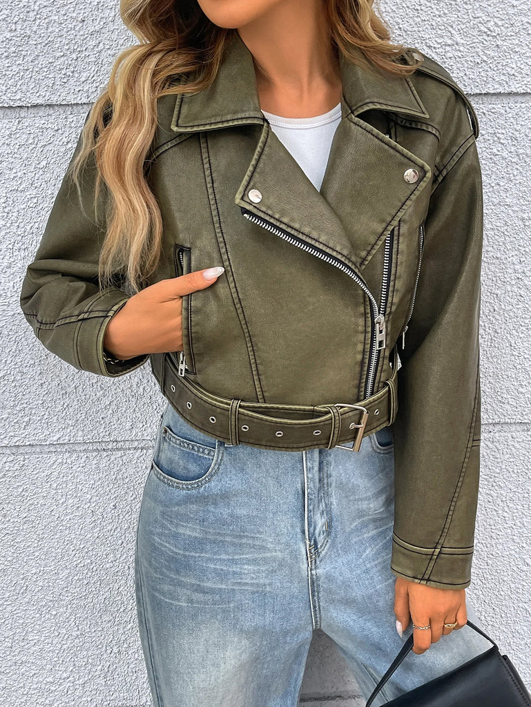 Faux Leather Cropped Moto Jacket for Women with Zip Up