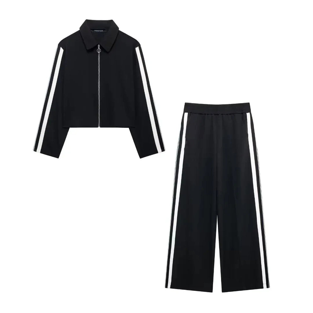 Women's Casual Athletic Tracksuit Set With Zip Jacket And Wide Leg Pants Side Stripe Sport Outfit